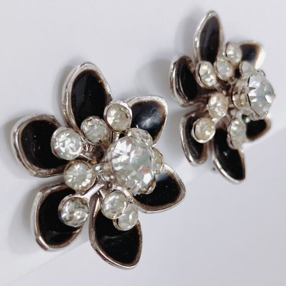 VTG Signed Coro Screw Back Earrings Black Enamel Rhinestone Mid Century - Picture 6 of 10